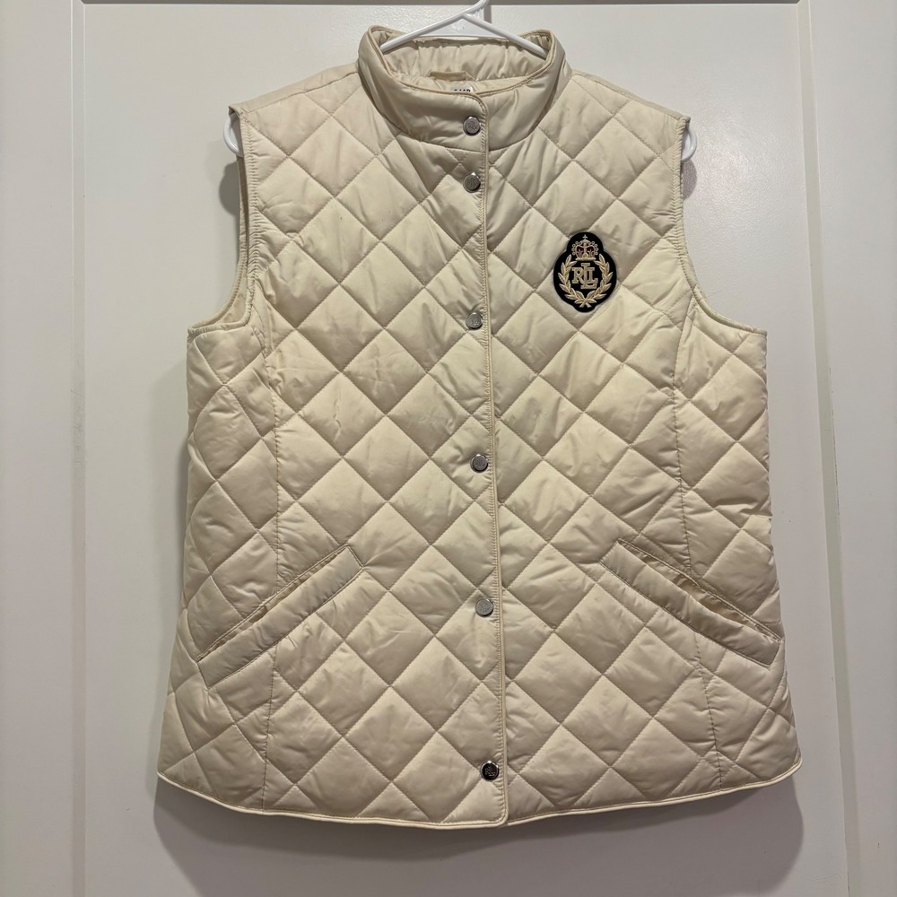 Lauren Ralph Lauren Cream Quilted Vest Mock Neck Crest Patch Snap Front Medium
